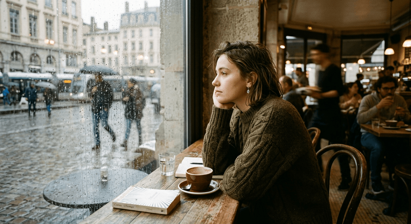 A woman in a green sweater sits at a café table by a rain-streaked window, watching the wet street outside while holding a coffee
