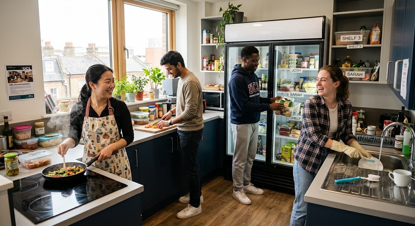 Four students cook and clean together in a bright university kitchen with plants and labeled refrigerator shelves