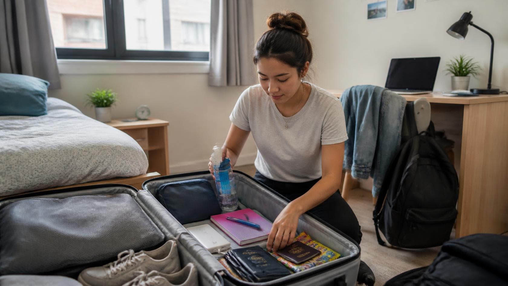 A student packs a suitcase in her dorm room, arranging notebooks and travel essentials on her bed