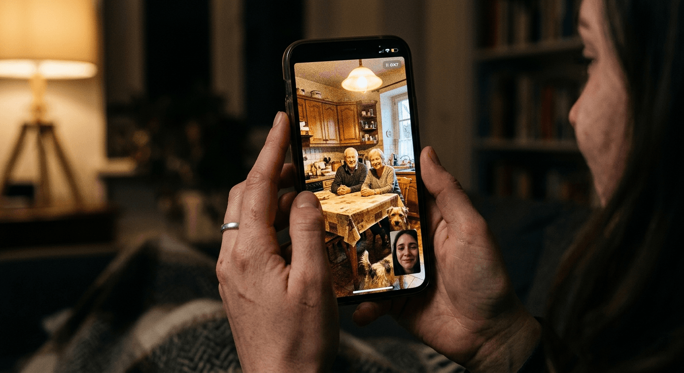 Person on a video call with family, expressing longing and distance.