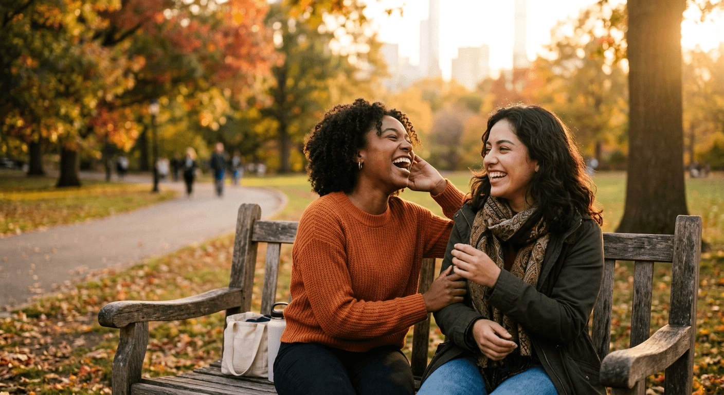 Two friends sharing a genuine laugh, symbolizing authentic connection.