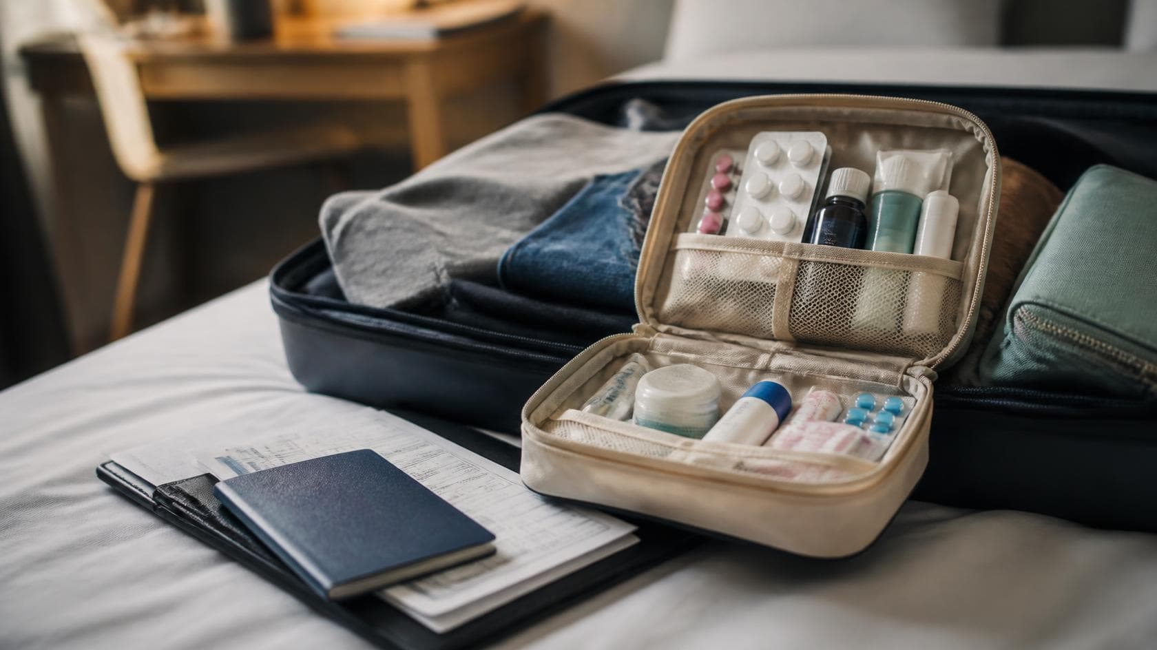Small travel medicine pouch packed beside toiletries and travel documents in a student's suitcase.